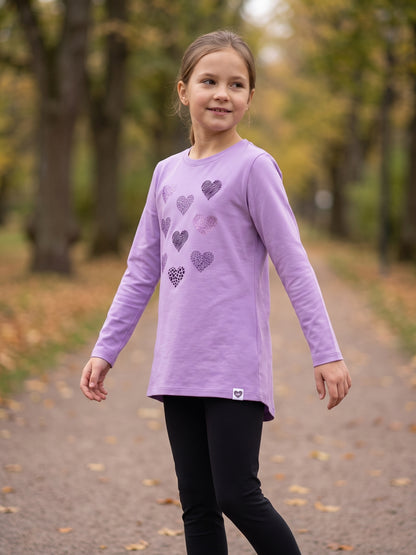Lilac Shiny Hearts | Tunika dugih rukava za djevojčice - klasični kroj