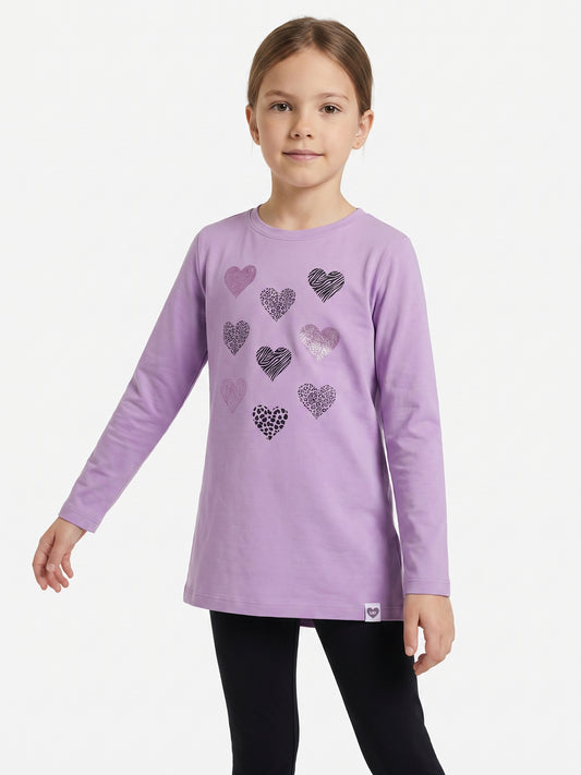 Lilac Shiny Hearts | Tunika dugih rukava za djevojčice - klasični kroj