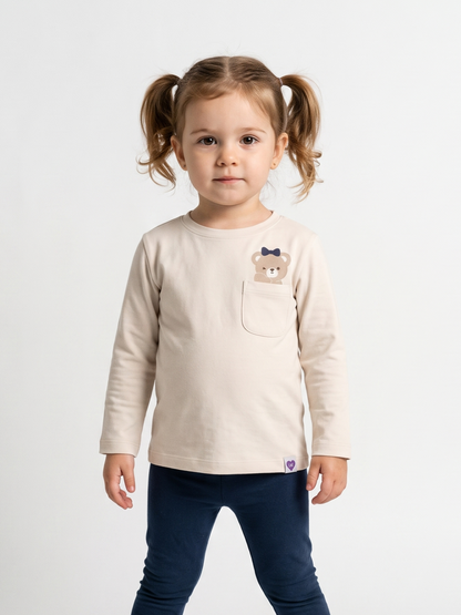 White Pocket Teddy | Majica dugih rukava za djevojčice